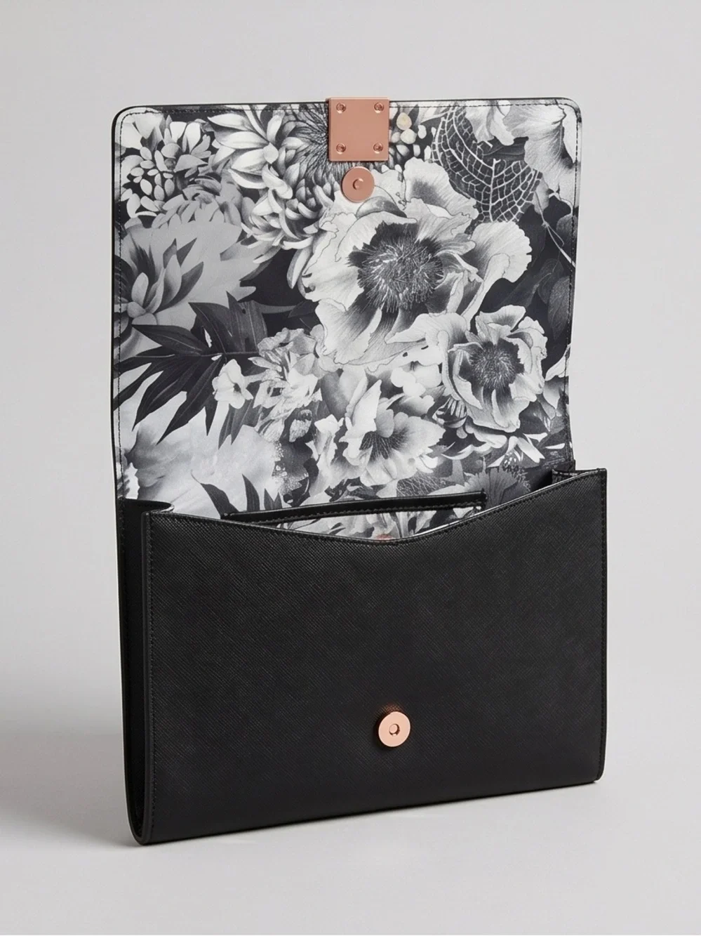 TED BAKER Black saffiano envelope-style clutch dual rose-gold zipper accent